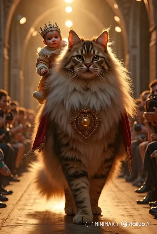 Regal Cat Walks with Child on Runway, Captivating Audience – AI Generated Video | Hailuo AI
