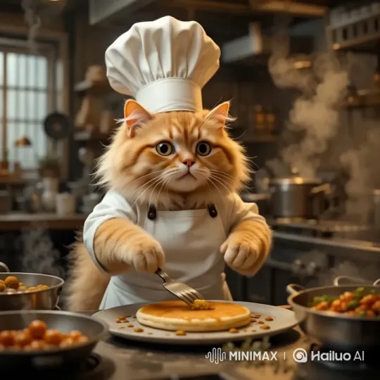 Fluffy Cat Chef Preparing Pancake in Professional Kitchen – AI Generated Video | Hailuo AI