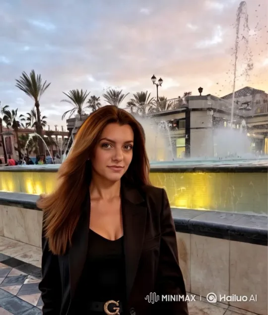 Stylish Woman in Elegant Plaza with Dramatic Fountain – AI Generated Video | Hailuo AI