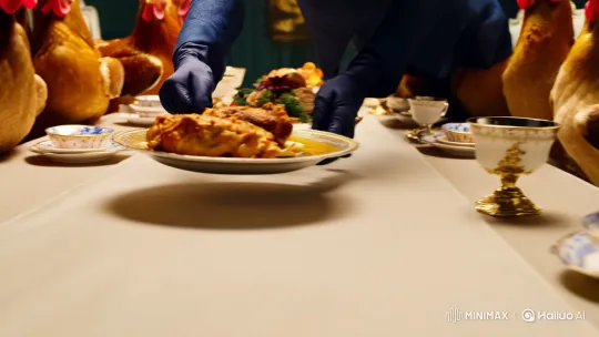 Human Serves Chicken Tikka to Chickens at Elegant Table – AI Generated Video | Hailuo AI