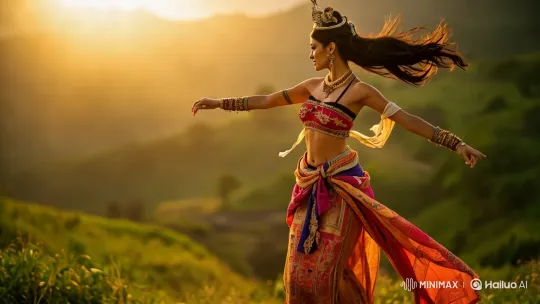 Traditional Dancer in Golden Sunset Landscape – AI Generated Video | Hailuo AI