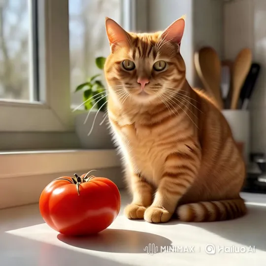 Aesthetic Cat Curiously Interacts with Tomato – AI Generated Video | Hailuo AI