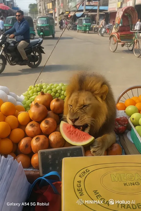 Lion Enjoying Fruits Amidst Urban Bustle – AI Generated Video | Hailuo AI