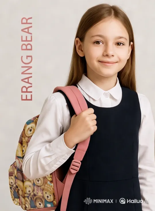 Innocent Grace: Young Girl with Teddy Backpack – AI Generated Video | Hailuo AI