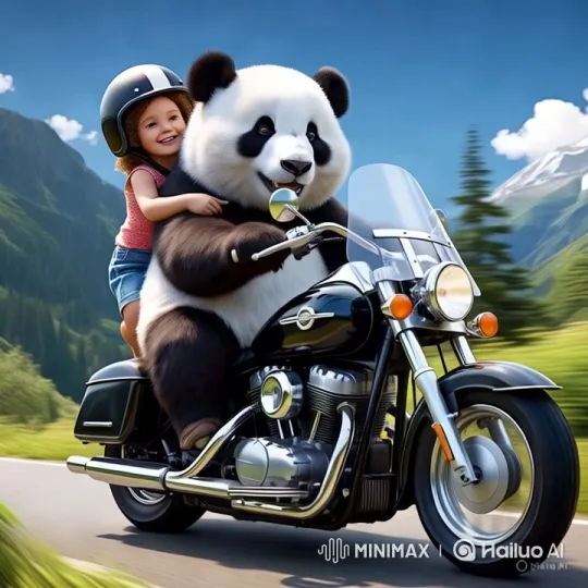 Panda and Child Enjoy Motorcycle Ride in Scenic Mountains – AI Generated Video | Hailuo AI