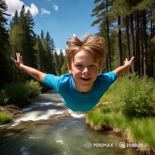 Boy Flies Over Forest and River in Cinematic Shot – AI Generated Video | Hailuo AI
