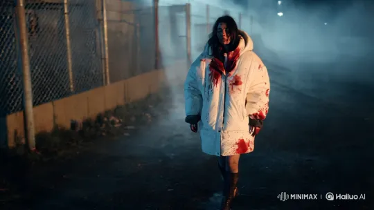 Young Woman in Bloody Jacket Navigates Abandoned Industrial Area – AI Generated Video | Hailuo AI