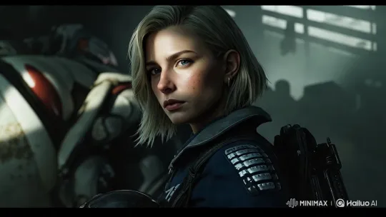 Female Pilot Prepares in Orbital Hangar with Mobile Suit – AI Generated Video | Hailuo AI