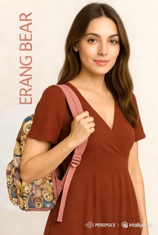 Shy Girl in Rust Dress with Bear Backpack – AI Generated Video | Hailuo AI