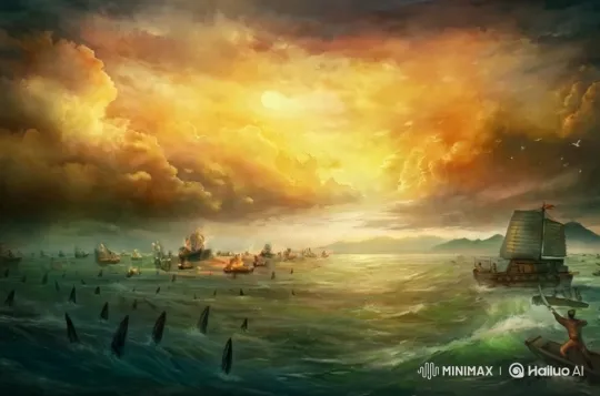 Dramatic Sunset: Turbulent Seas and Shark-Infested Waters – AI Generated Video | Hailuo AI