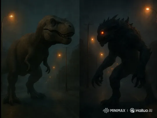 T-Rex Battles Monstrous Creature on Foggy Street – AI Generated Video | Hailuo AI