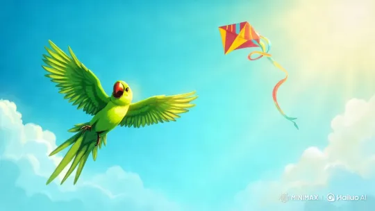 Parrot Glides with Kite in Sunny Sky Symphony – AI Generated Video | Hailuo AI