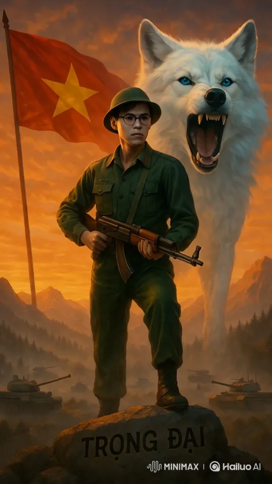 Patriotic Soldier with Wolf Amidst Mountainous Landscape – AI Generated Video | Hailuo AI