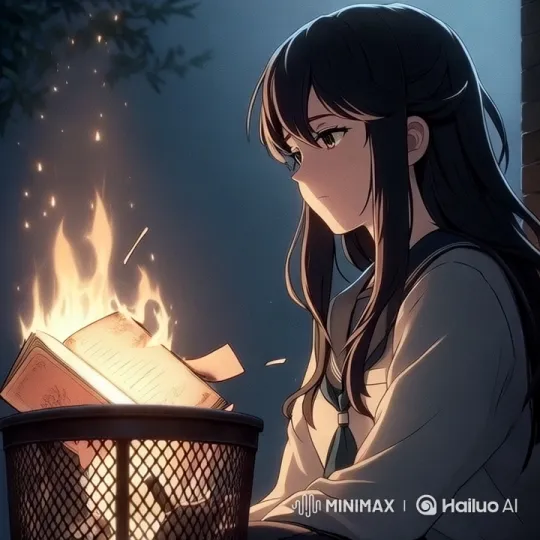 Gloomy Night Reflection: Girl by Burning Book – AI Generated Video | Hailuo AI