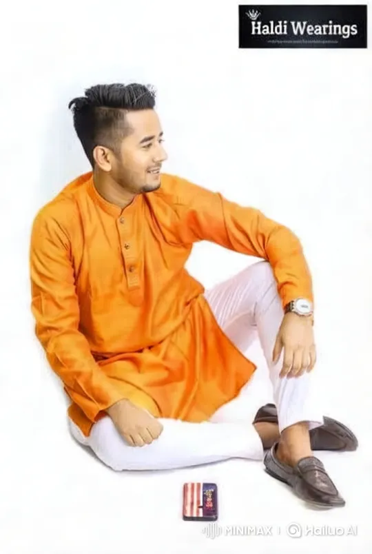 Minimalistic Aesthetic: Man in Orange Kurta – AI Generated Video | Hailuo AI