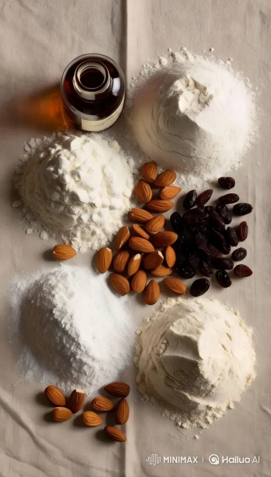 Culinary Aesthetic: Flour, Almonds, Raisins, and Rum – AI Generated Video | Hailuo AI