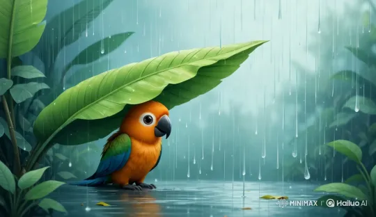 Rainy Forest Scene: Orange Parrot Sheltering Under Leaf – AI Generated Video | Hailuo AI