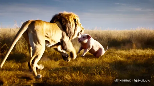 Lion and Pig Duel in Pristine Savanna Landscape – AI Generated Video | Hailuo AI
