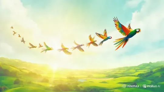 Colorful Parrots Dance Through Sunlit Sky – AI Generated Video | Hailuo AI