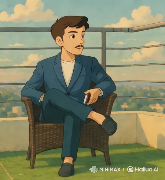 Man in Blue Suit Makes Call on Rooftop Terrace – AI Generated Video | Hailuo AI