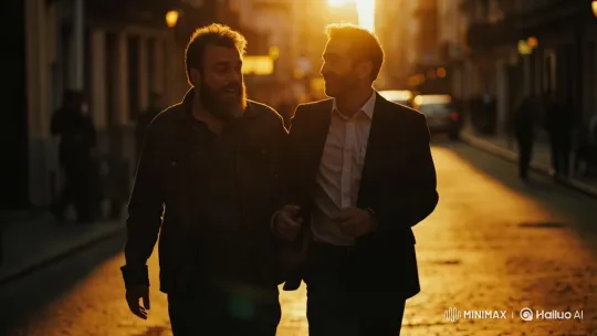 Dusk Walk: Two Men in Sunlit Street – AI Generated Video | Hailuo AI