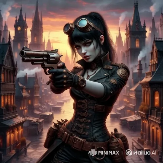 Steampunk Woman in Victorian Cityscape with Revolver – AI Generated Video | Hailuo AI