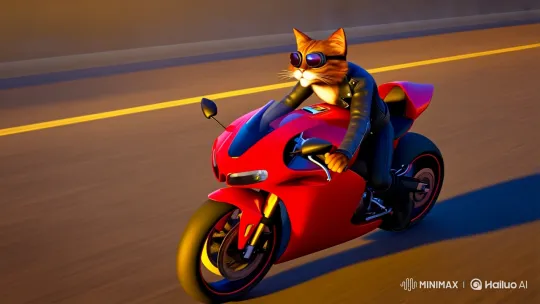 Anthropomorphic Cat on Sports Bike: Epic Sunset Ride – AI Generated Video | Hailuo AI