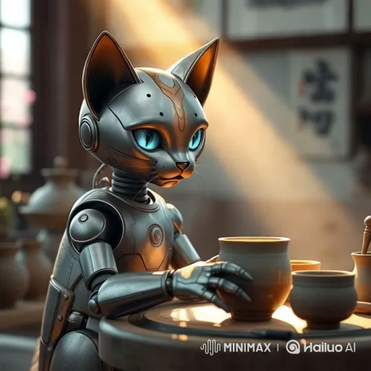 Robotic Cat Crafts Pottery in Serene Studio – AI Generated Video | Hailuo AI