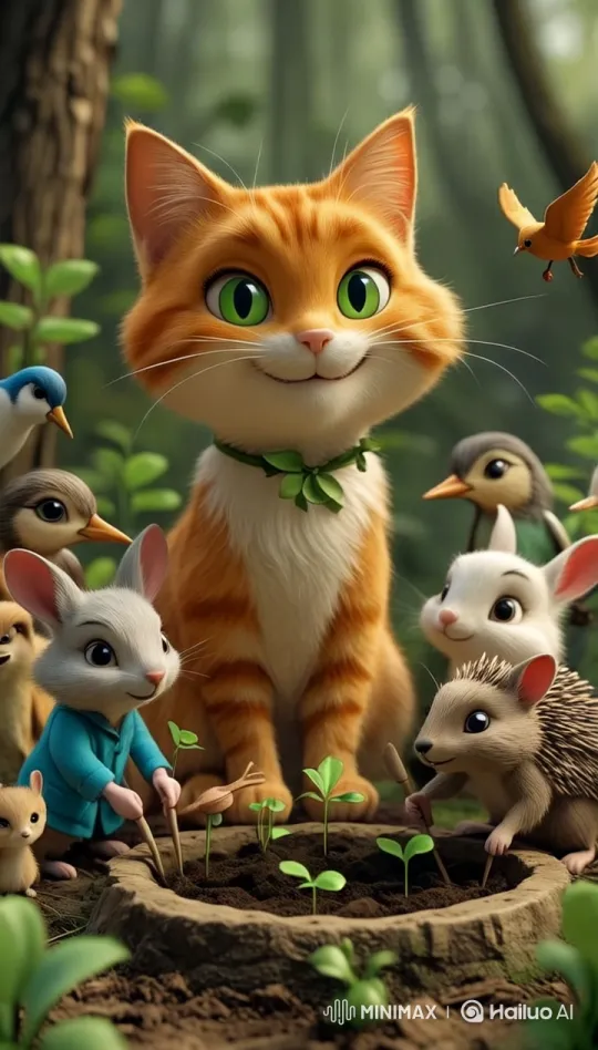 Cat Teaches Forest Animals to Plant Seeds – AI Generated Video | Hailuo AI