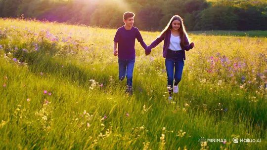 Couple Running Through a Sunlit Meadow – AI Generated Video | Hailuo AI