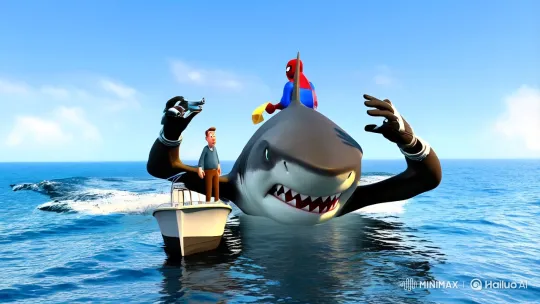 Shark Transforms, Battles Bus, and Encounters Spider-Man in Surreal Scene – AI Generated Video | Hailuo AI