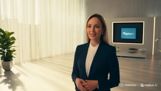 Stylized Reporter Introduces Playna.tv in Elegant Studio Setting – AI Generated Video | Hailuo AI