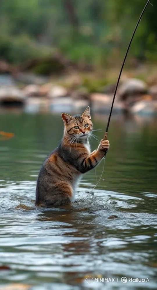 Cat Catches Fish in Serene River - Aesthetic Short – AI Generated Video | Hailuo AI