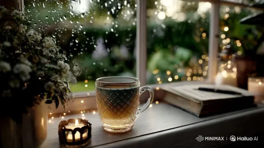Cozy Rainy Day Scene with Steaming Tea and Gentle Candles – AI Generated Video | Hailuo AI