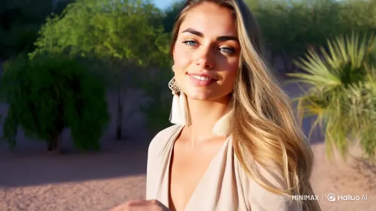 Radiant Woman in Oasis Amidst Desert Serenity – AI Generated Video | Hailuo AI