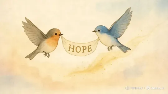 Animated Illustration: Birds Carry 'Hope' Ribbon in Sky – AI Generated Video | Hailuo AI