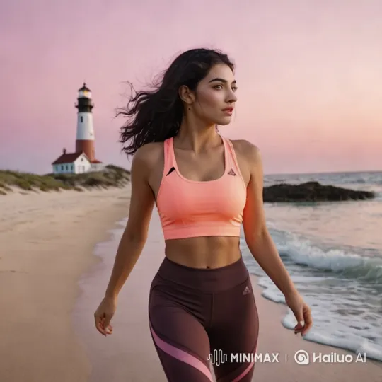Athletic Woman Jogs on Scenic Beach at Sunset – AI Generated Video | Hailuo AI