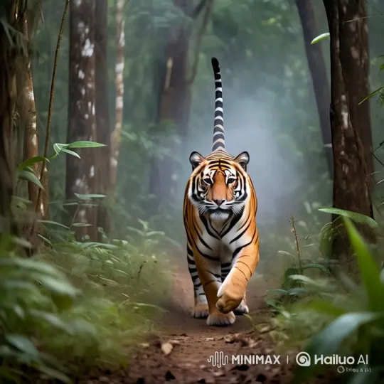Majestic Tiger Gracefully Navigates Misty Forest – AI Generated Video | Hailuo AI