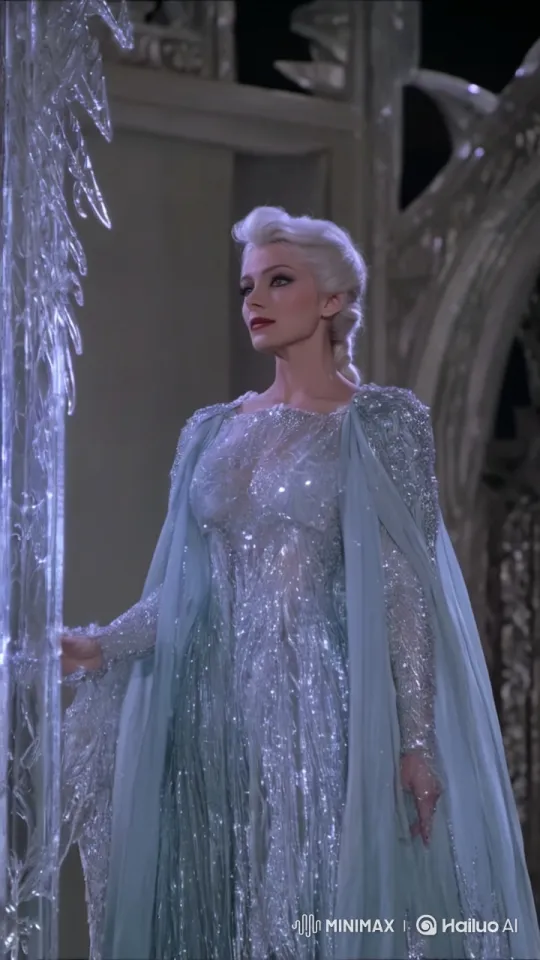 Elegant Woman in Serene Icy Palace – AI Generated Video | Hailuo AI