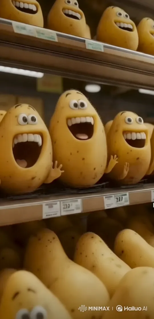 Animated Potatoes Escape from Supermarket Shelf – AI Generated Video | Hailuo AI