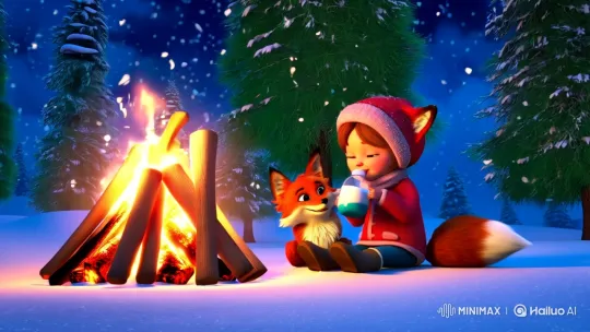 Cozy Winter Scene: Child and Fox by Bonfire – AI Generated Video | Hailuo AI