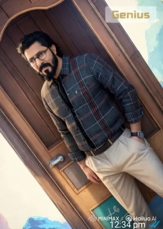 Man in Plaid Shirt Stands Confidently Against Rustic Door – AI Generated Video | Hailuo AI