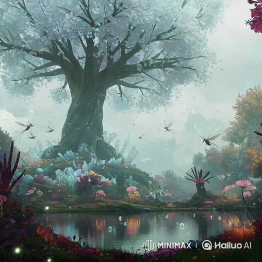 Enchanted Grove: A Tranquil Pond and Majestic Snow-Kissed Tree – AI Generated Video | Hailuo AI