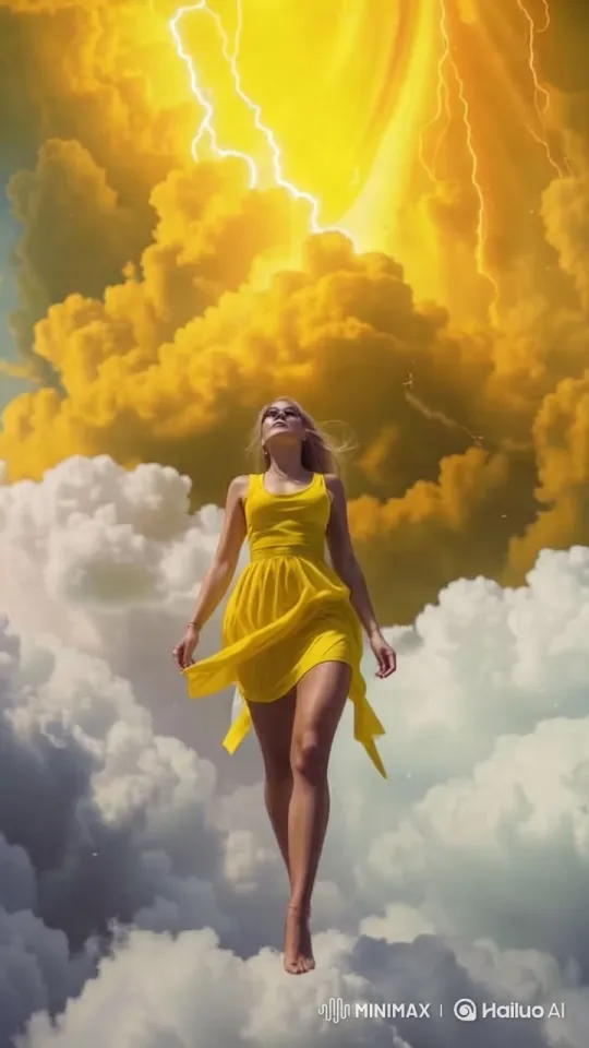 Graceful Woman in Ethereal Cloudscape with Dramatic Lighting – AI Generated Video | Hailuo AI