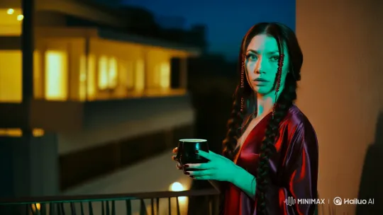 Contemplative Young Woman on Balcony in Nocturnal Urban Setting – AI Generated Video | Hailuo AI