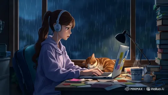 Ghibli-Inspired Girl Studies on Rainy Night – AI Generated Video | Hailuo AI