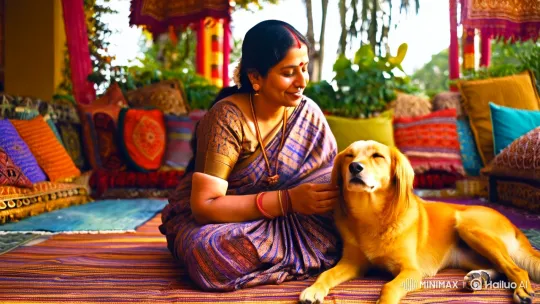 Indian Woman Affectionately Strokes Her Dog in Sunlit Setting – AI Generated Video | Hailuo AI