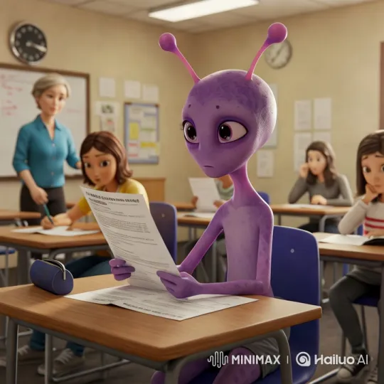 Alien Student Reacts to Passing Exam in School Setting – AI Generated Video | Hailuo AI