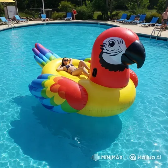 Inflatable Parrot Float Sinks in Serene Pool Scene – AI Generated Video | Hailuo AI