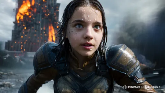 Heroine's Close-Up Amidst Fiery Downpour Destruction – AI Generated Video | Hailuo AI